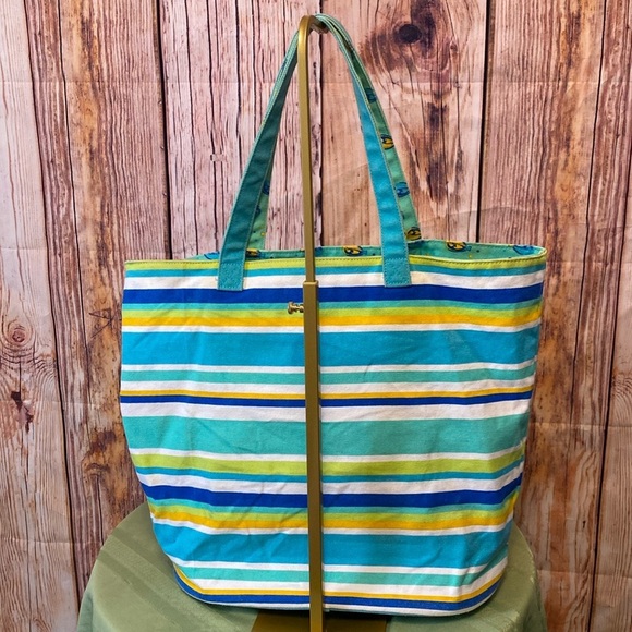 Beach Tote Colorful Green & Blue Striped with Pocket inside of Tote - Picture 6 of 8